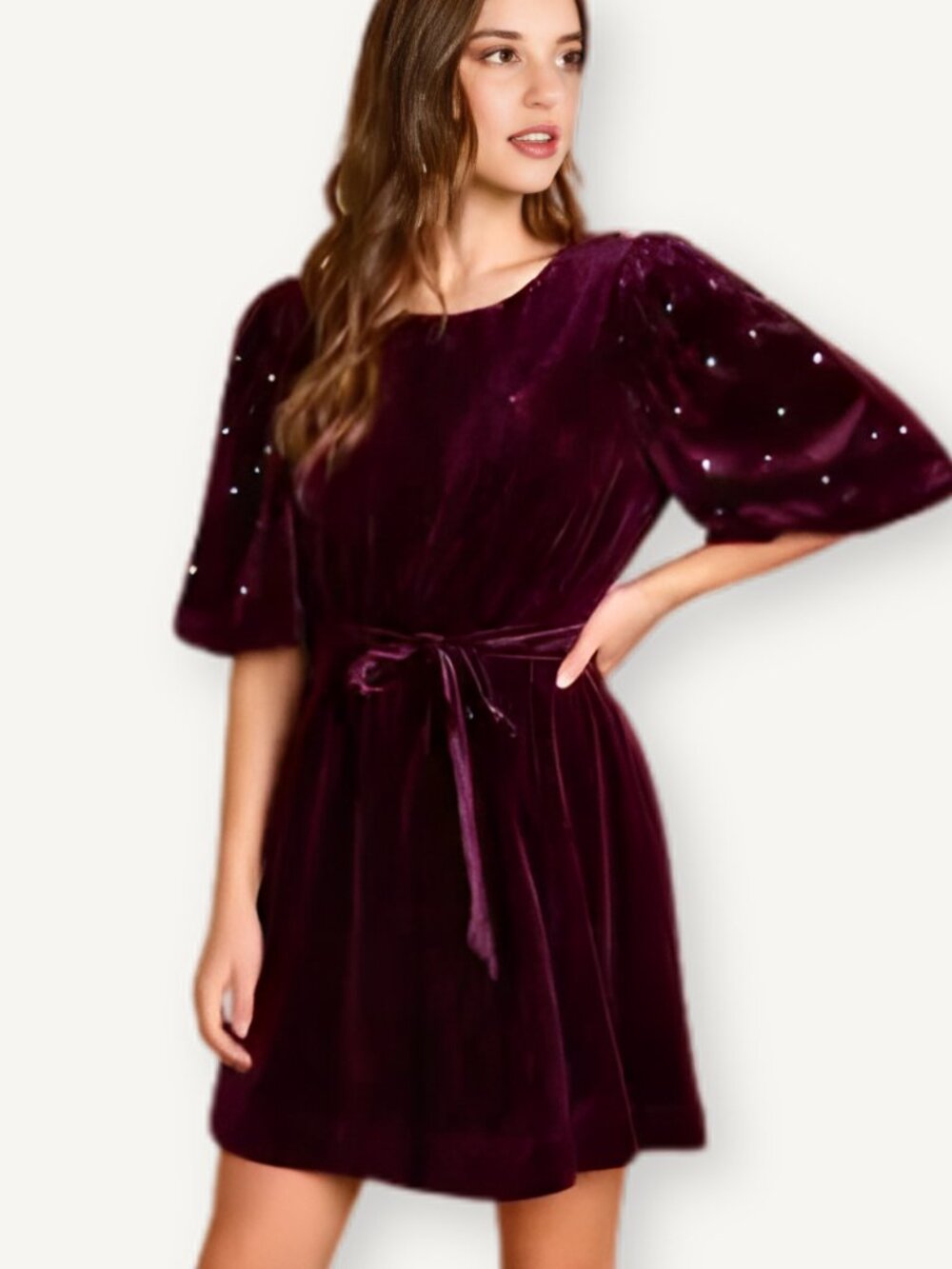 NWT Umgee Plum Velvet Tie Dress with Pearl Sleeve Details Size L